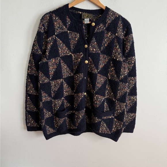 Vintage Sweaters - Vintage Navy Navy-Multicolor Geometric Knit Cardigan